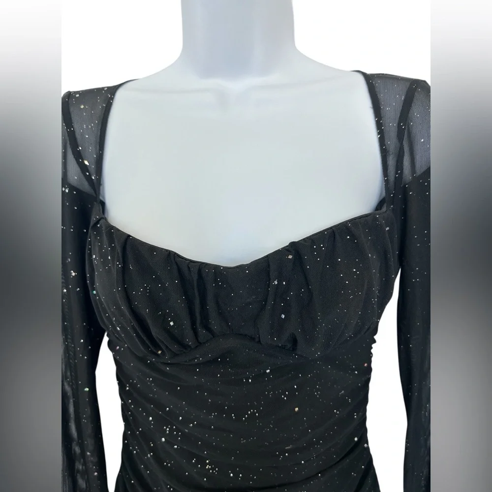 🆕 NWOT 🖤 Glitter Mesh Sweetheart Neck Bodycon Dress | LBD | Women’s Small - Picture 5 of 15